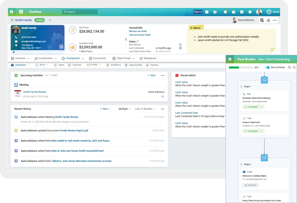 Two software screen, one with a family record and one showing a workflow builder. 