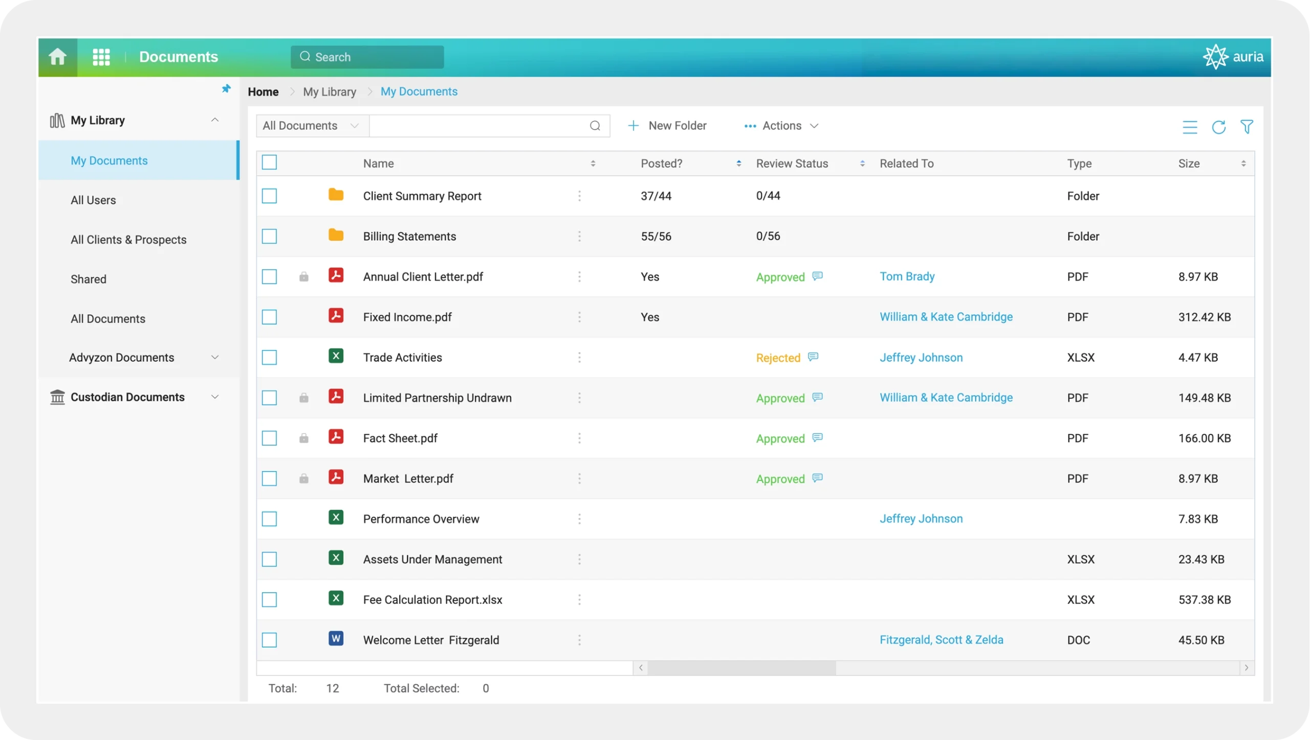 Software screen showing a document library with folders, PDFs, Excel files, and Word documents. 