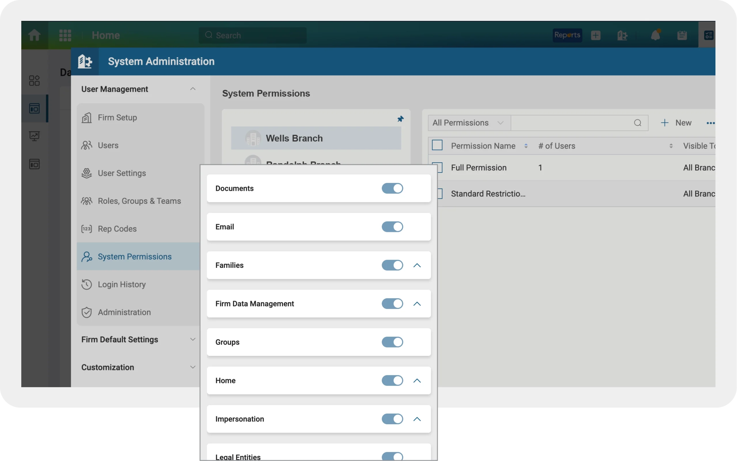 System admin screen with permission toggles. 