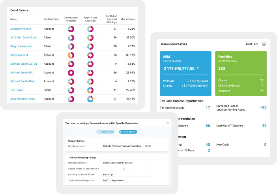Software widgets, one showing accounts and clients out of balance with target. 